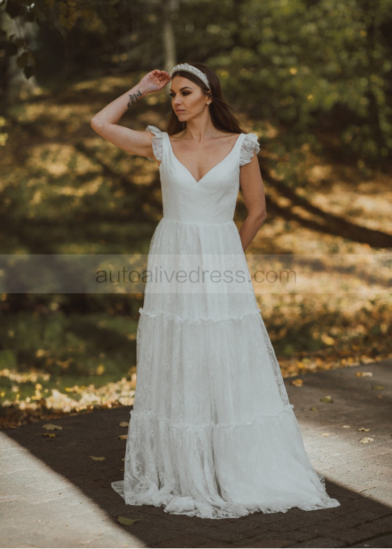 Cap Sleeves Ivory Lace V Back Graceful Wedding Dress